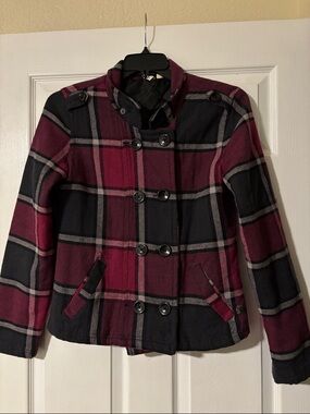 Roxy Plaid Double-Breasted Women's Peacoat - Black & Burgundy